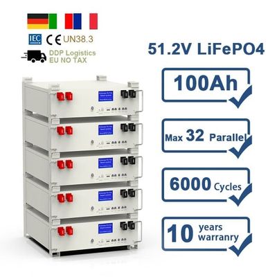 10 Years Warranty 51.2V 5Kwh Rechargeable Lithium Ion Pack 100Ah LiFePO4 Battery